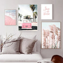 Axyaa Pink Beach Wave Surf Girl Canvas Painting Nordic Art Print