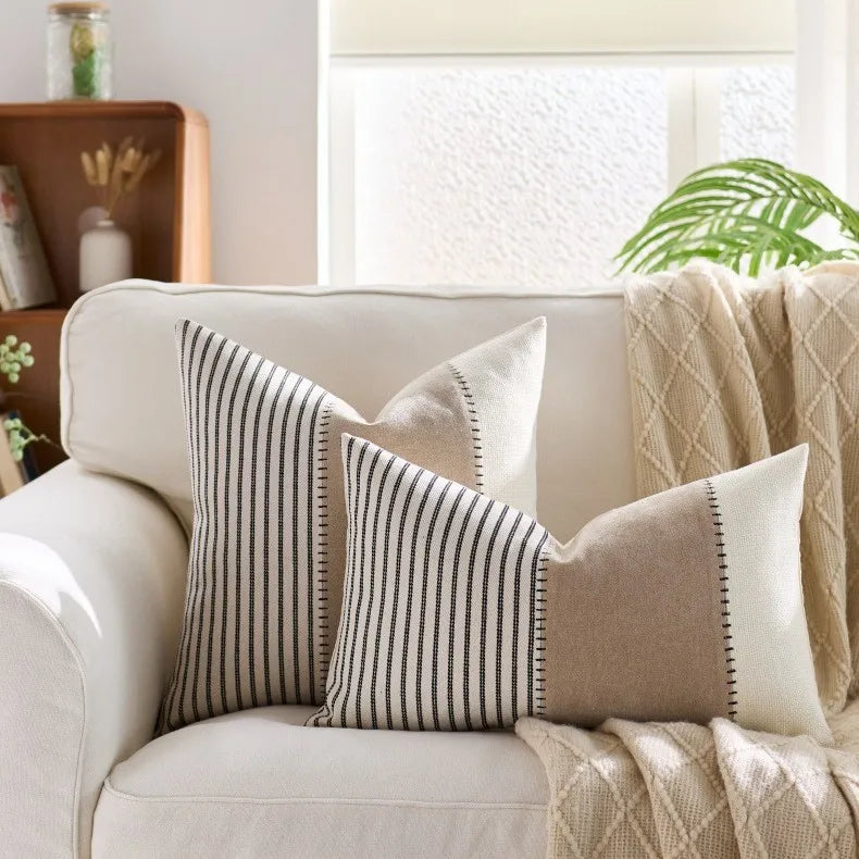 Cream Tan Two Tone Striped Pillow Cover for Home Sofa Couch Living Room by Axyaa