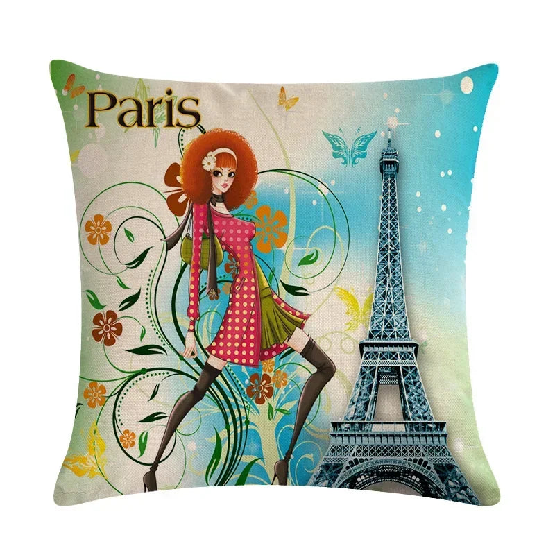 Axyaa Retro Bike Woman Linen Pillowcase 45*45cm Decorative Sofa Cushion Cover