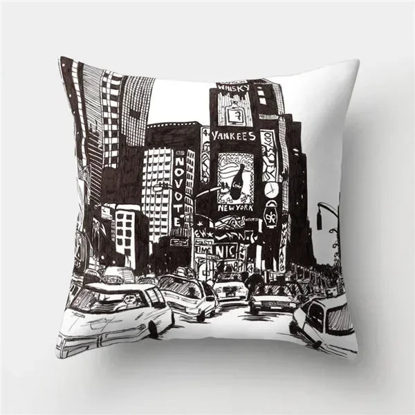Axyaa Retro Cityscape Gramophone Guitar Drum Camera Print Cushion Cover