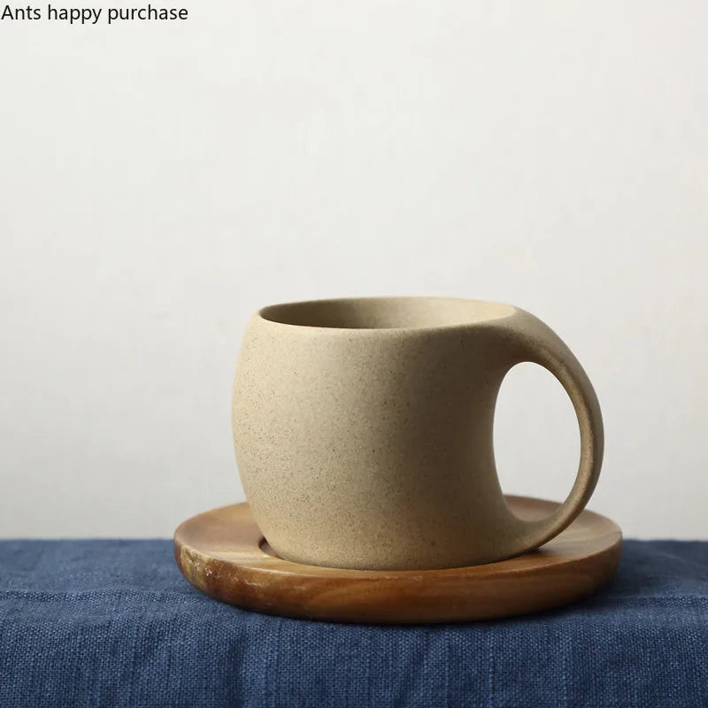 Axya Ceramic Coffee Mug with Wooden Saucer - Tea Cup Drinkware