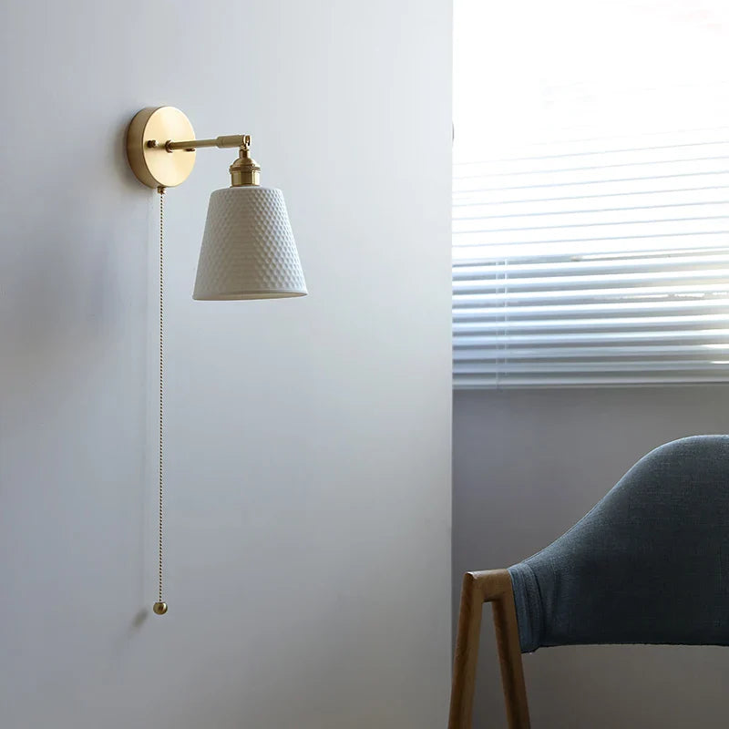 Axyaa Ceramic LED Wall Lamp: Japan Style Gold Brass Arm, Up Down Rotate