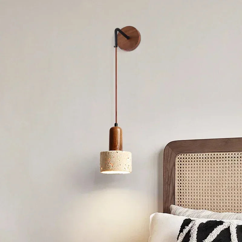 Wabi Sabi Natural Stone Wall Lamp, Retro Peach Wood Color, LED Sconce Light