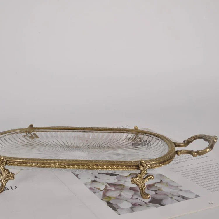 Axya Brass Tray with Vintage Glass - Desktop Decoration and Storage