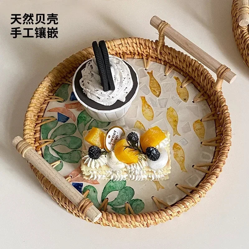 Axya Shell Rattan Storage Tray with Double Ears for Home Decor