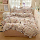 Axyaa Cream Lace Girl Powder Grid Korean Double-Layer Quilt Cover Set