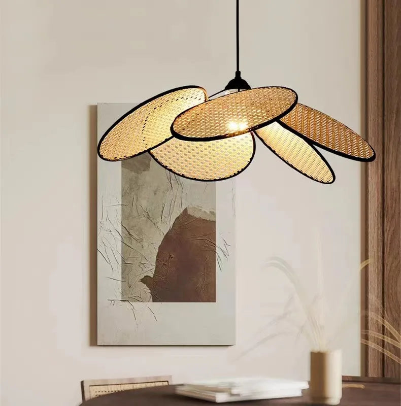 Axyaa Rattan Wicker Chandelier Kitchen Leaf Grid Wood Bamboo Lamp