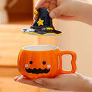 Axyaa Funny Pumpkin Ceramic Coffee Cup with Lid for Halloween Gift