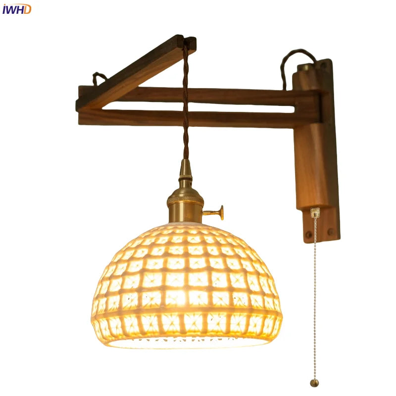 Axyaa Walnut Wood LED Wall Lamp with Copper Finish and Ceramic Pull Chain Switch