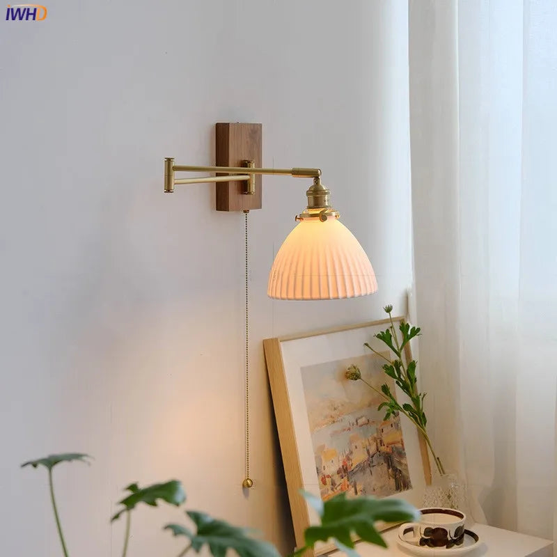 Axyaa Walnut Canopy Copper LED Wall Lamp with Long Arm Rotation