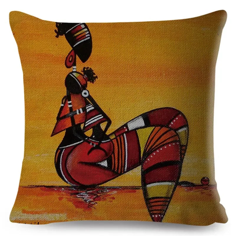 Axyaa Abstract African Woman Decorative Cotton Linen Cushion Cover