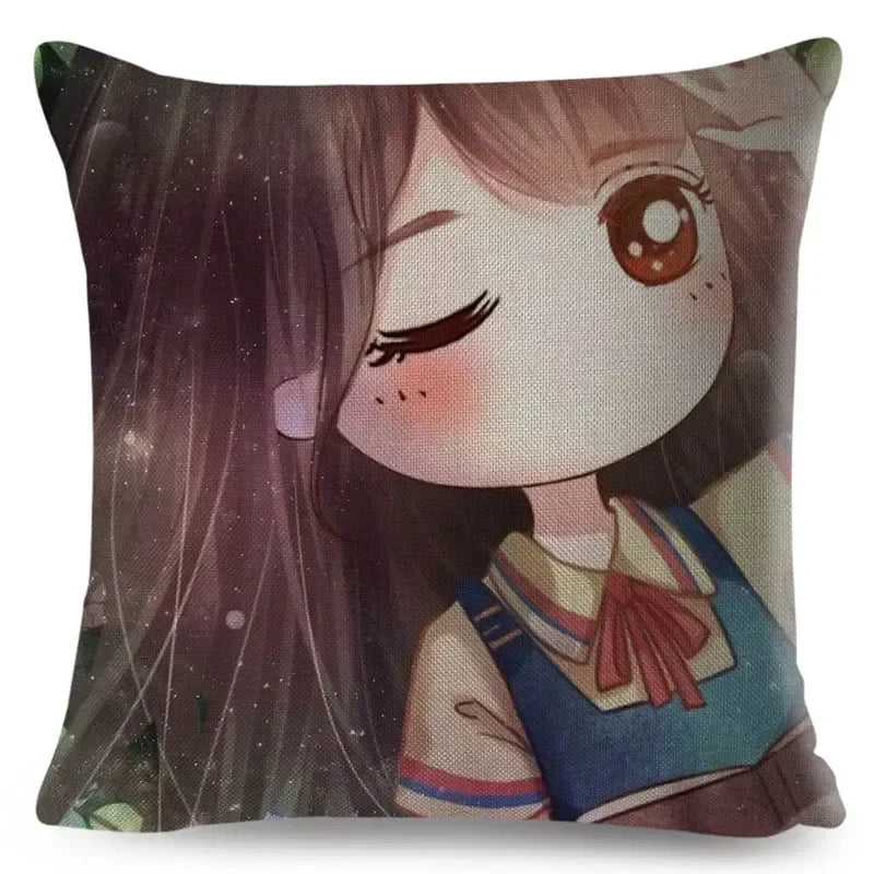 Axyaa Beautiful Girl Pattern Linen Pillowcase for Living Room and Bedroom