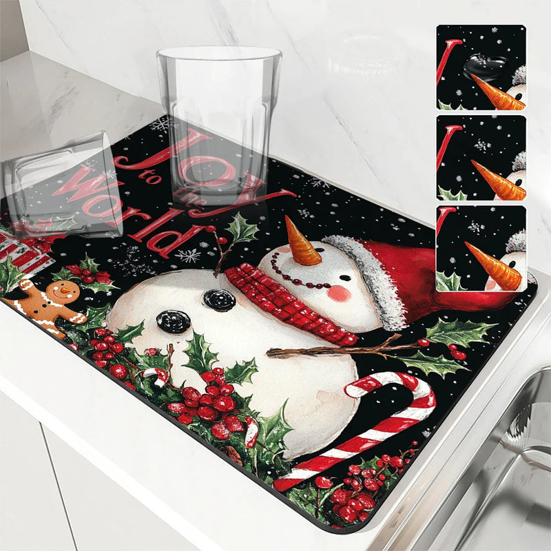 Axyaa Christmas Kitchen Dish Mat - Absorbent & Anti-Slip Large Drying Pad