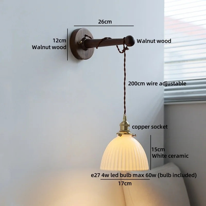 Axyaa Round Ceramic E27 Wall Lamp with Pull Chain Switch and Warm LED Light