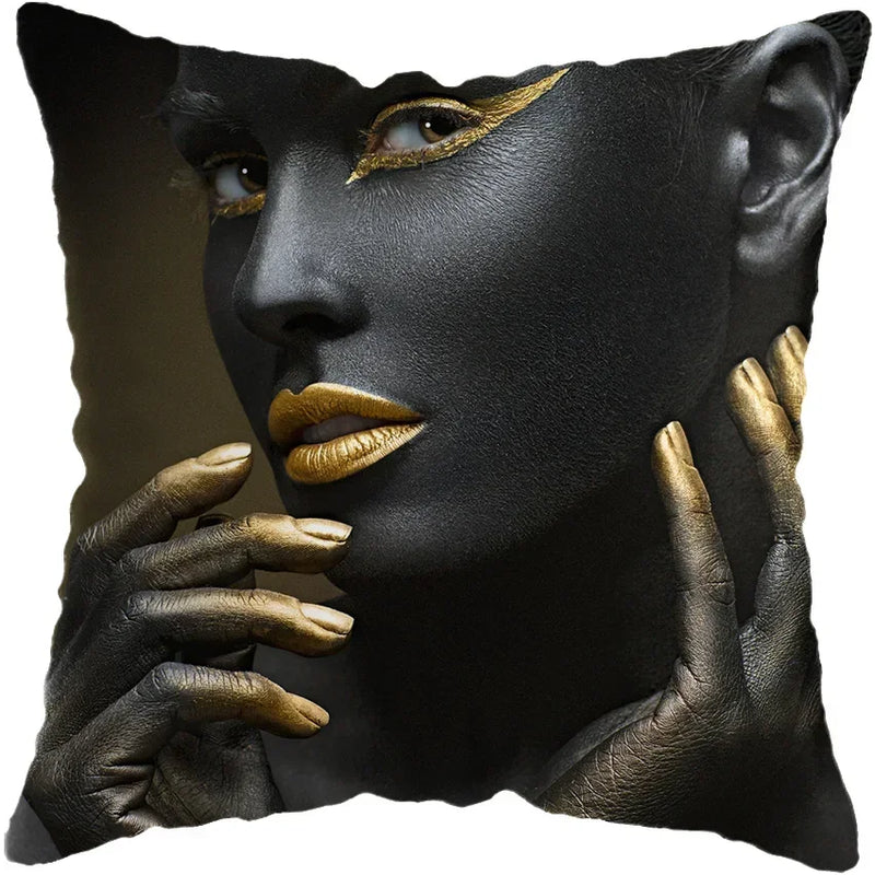 Axyaa Black Gold African Lady Woman Art Deco Pillowcase