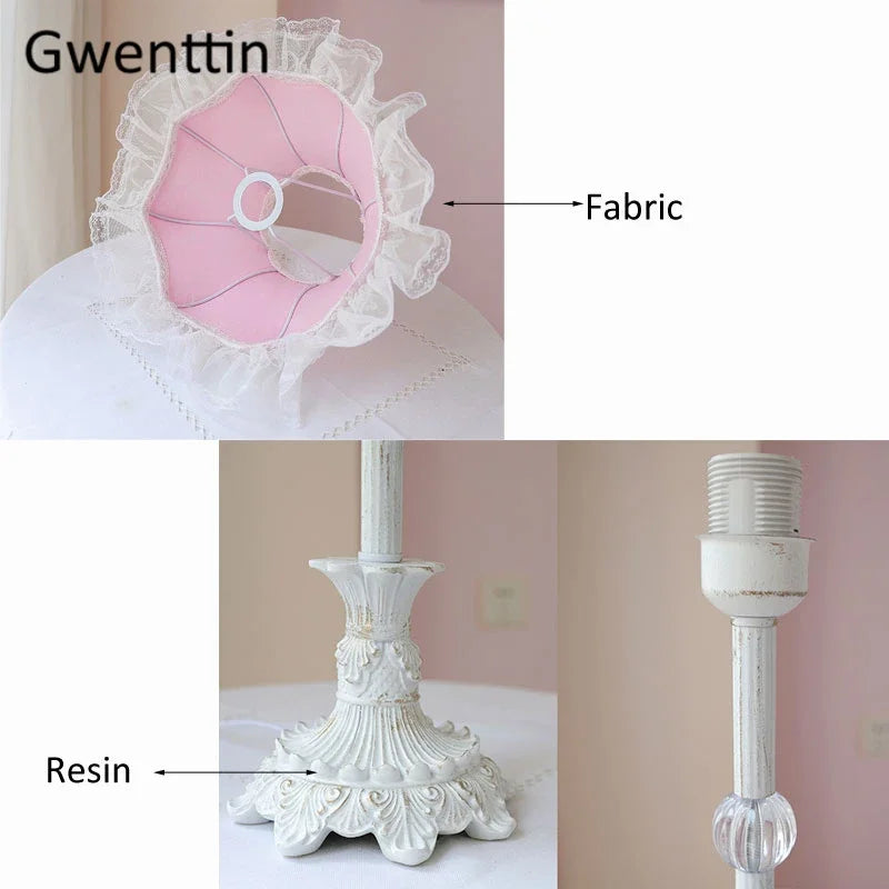 Axyaa Nordic Pink Lace Fabric LED Table Lamp for Bedroom Princess Decor