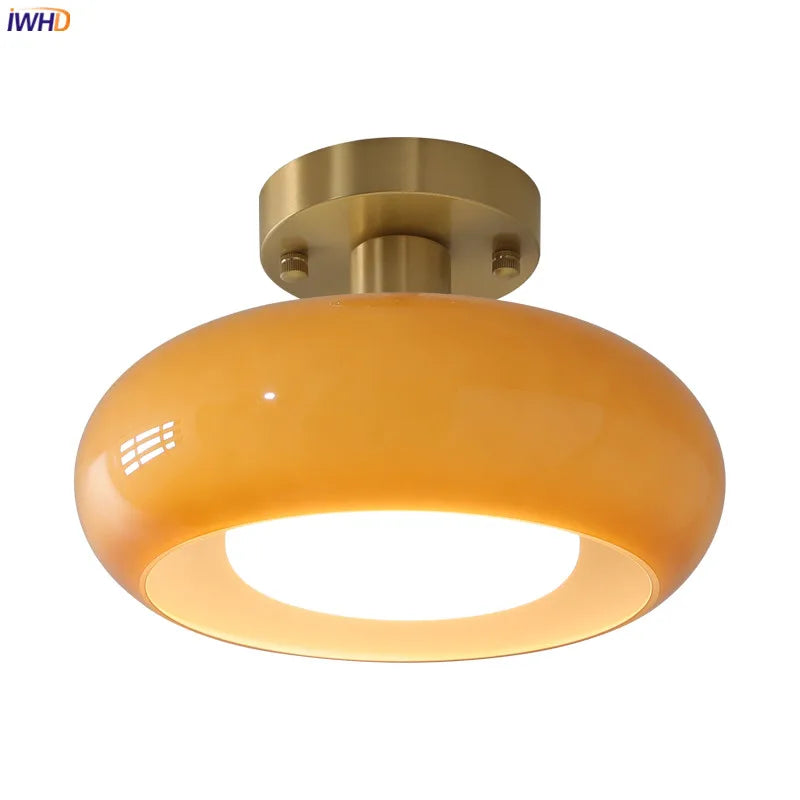Axyaa Nordic Modern LED Ceiling Lamp with Copper Yellow Glass Lampshade