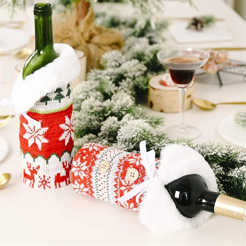 Knitted Red Sweater Christmas Bottle Bag Snowflake Xmas New Year Gift Ornaments