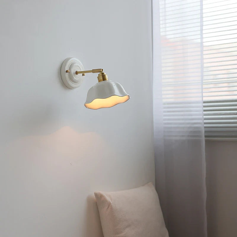 Axyaa White Ceramic LED Wall Sconce with Copper Arm for Modern Living Spaces
