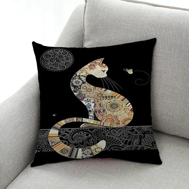 Axyaa Cat Print Linen Pillowcase 45x45cm Home Decor Cushion Cover