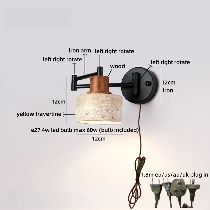 Axyaa Wabi Sabi LED Wall Lamp Sconce Black Iron Arm Yellow Travertine Stair Light