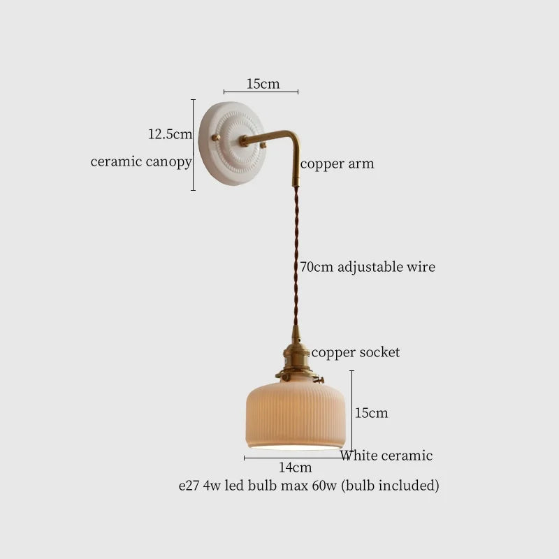 Axyaa Small Pleats Ceramic LED Wall Light Fixture Copper Arm Pull Chain Switch