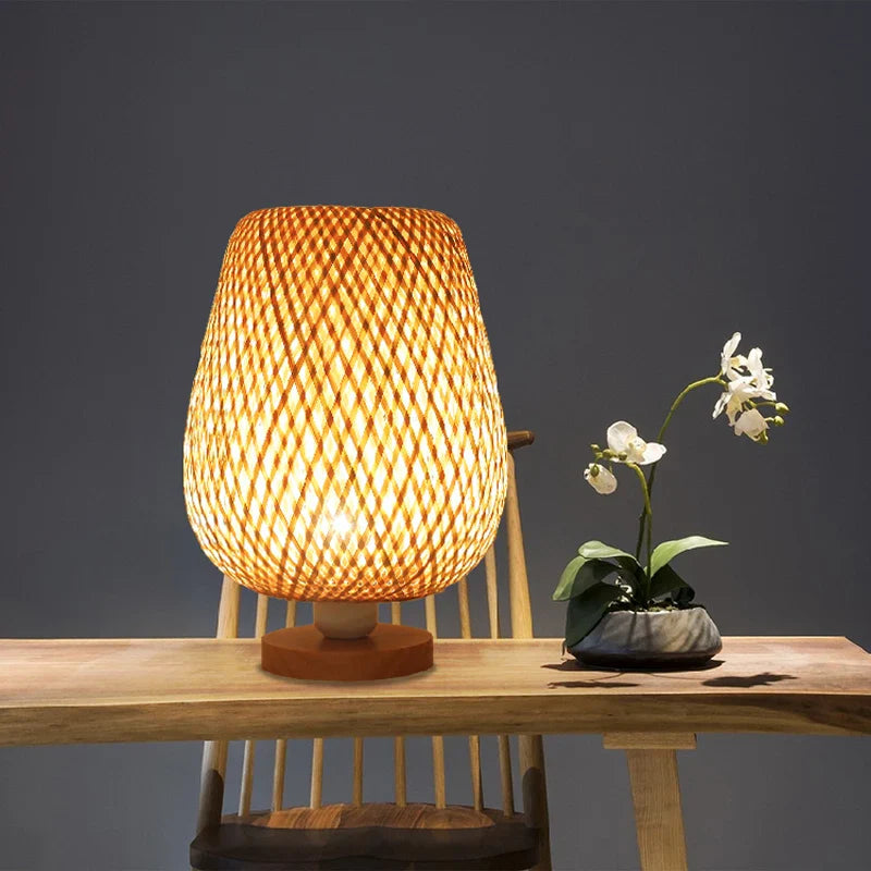 Axya Bamboo Table Lamp: Handmade Bedroom Living Room Decor Bedside Desk Light