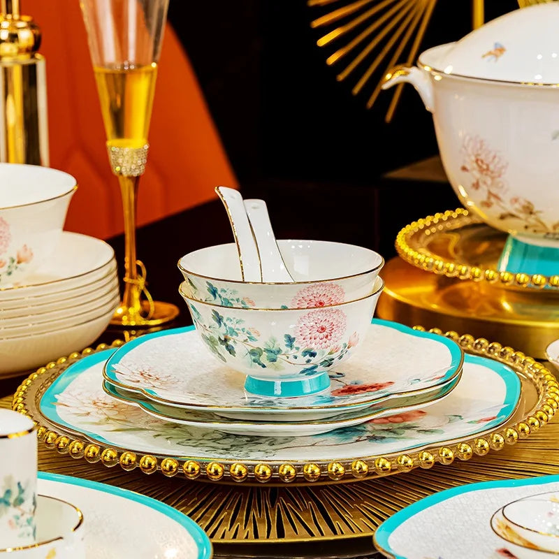 Axya European Luxury Bone Dinnerware Set: Bowls, Plates, Dishes, Spoons, Chopsticks.