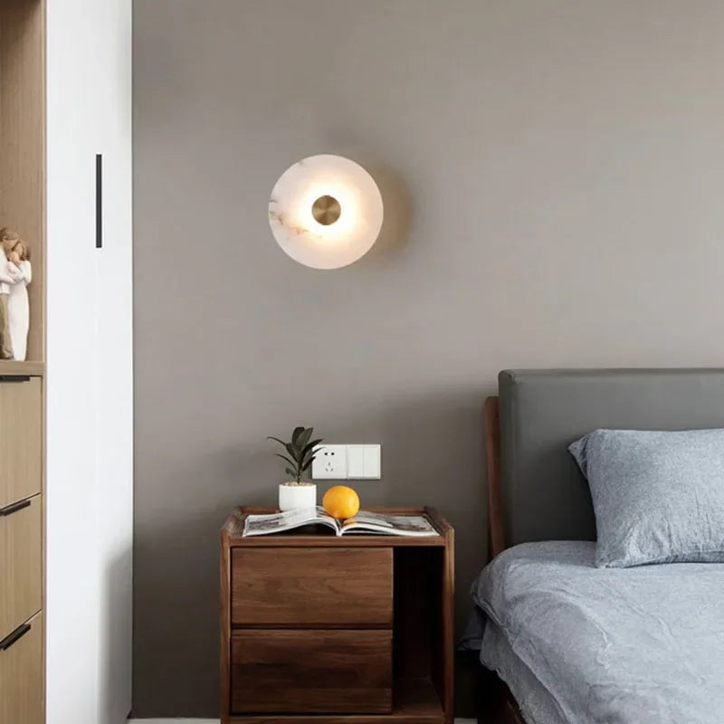 Art Deco Round LED Marble Brass Wall Sconce by Axyaa - Elegant Parlor Aisle Corridor Lighting