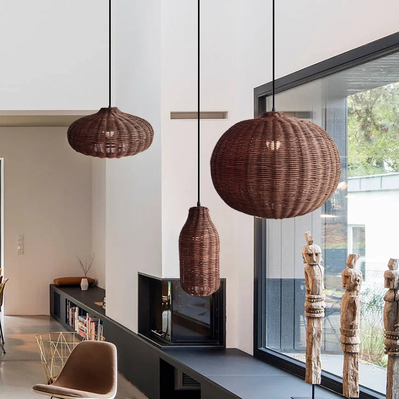 Axyaa Retro Rattan Pendant Lamp Handmade Wicker Light for Cafe Dining Room