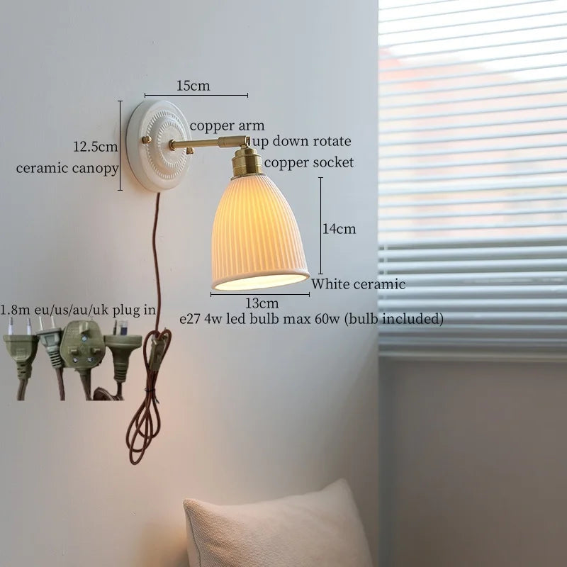 Axyaa Pleats Ceramic LED Wall Sconce Lamp with Adjustable Copper Arm