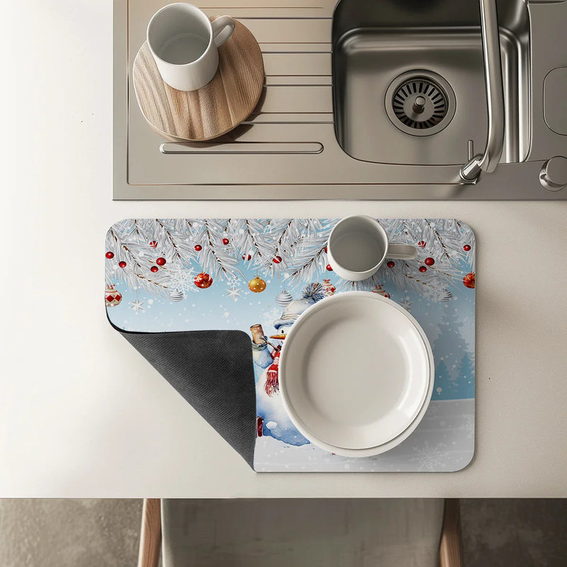 Axyaa Snowman Desk Drain Pad: Heat Resistant Non-slip Drying Mat for Kitchen Counter