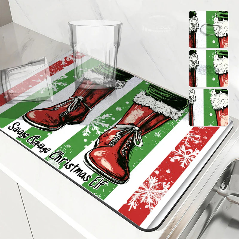 Axyaa Christmas Coffee Drying Mat - Absorbent Anti Slip Table Mat for Cups