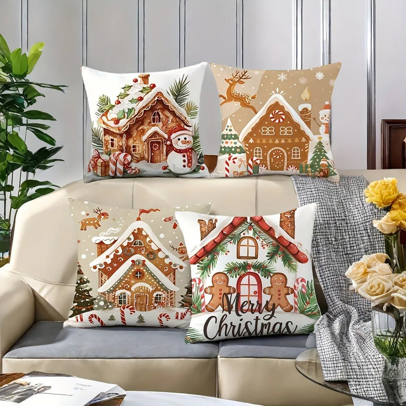 Axyaa Christmas Gingerbread Hut Pillowcase - Festive Sofa Cushion for Holiday Home Decor