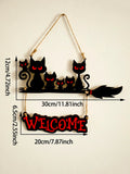 Axyaa Black Cat Welcome Sign & Hanging Ornaments - Witch Broom Decor, Spooky Cat Family