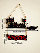 Axyaa Black Cat Welcome Sign & Hanging Ornaments - Witch Broom Decor, Spooky Cat Family