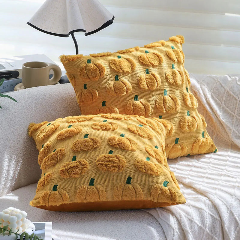 Axyaa Halloween Pumpkin Cushion Cover 45x45 Soft Plush Yellow Throw Pillow Case