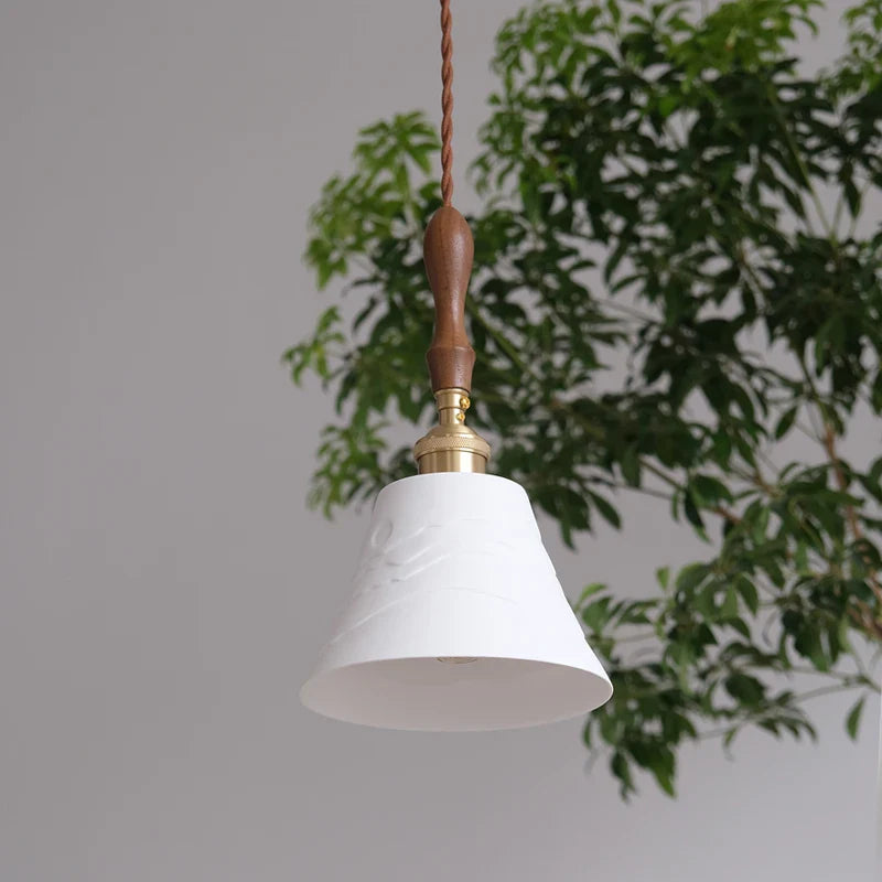 Axyaa White Ceramic LED Pendant Light with Wood Handle - Bedroom Living Room Lamp