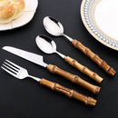 Axyaa 24Pcs Natural Bamboo Handle Stainless Steel Dinnerware Set