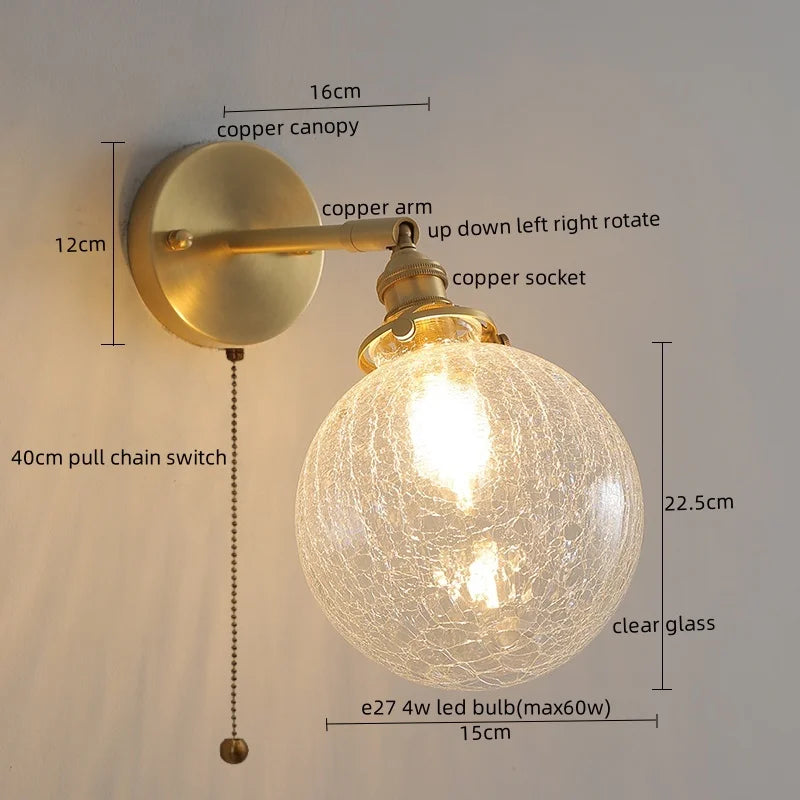 Axyaa Copper Glass Knob Switch LED Wall Light Fixture for Bedroom, Nordic Modern Arandela