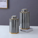Axyaa Geometric Striped Ceramic Jar with Cover - Home Decor Craft Storage