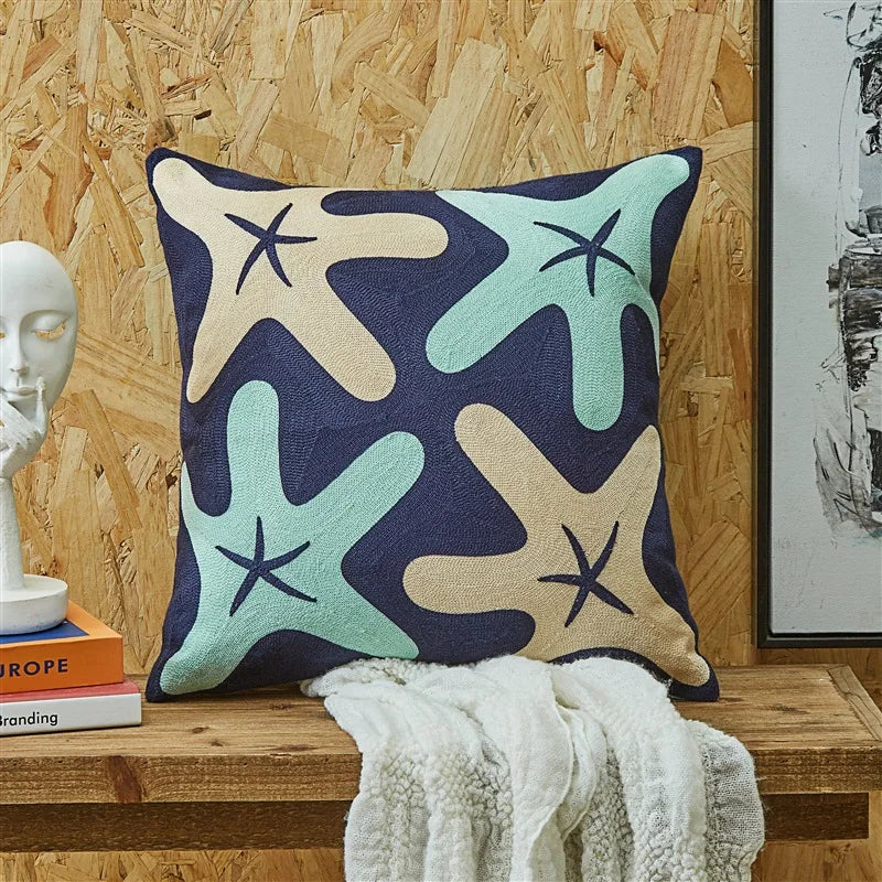 Axyaa Sea Starfish Navy Blue & Yellow Cushion Cover 45x45cm