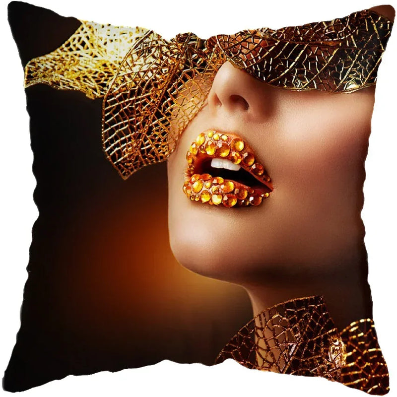 Axyaa Black Gold African Lady Woman Art Deco Pillowcase