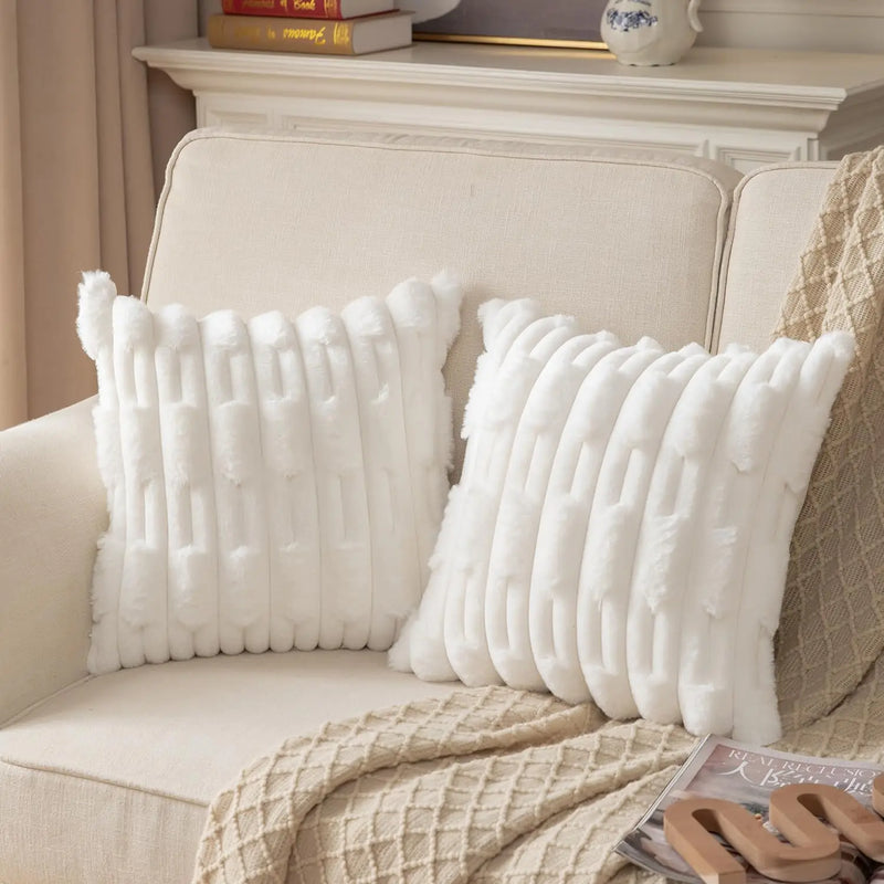 Axyaa Boho Striped Faux Rabbit Fur Velvet Cushion 18x18In Beige