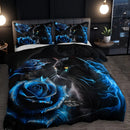 Black Cat Blue Rose Duvet Cover Set - Axyaa Floral Animal Bedding