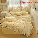 Axyaa Cream Lace Girl Powder Grid Korean Double-Layer Quilt Cover Set