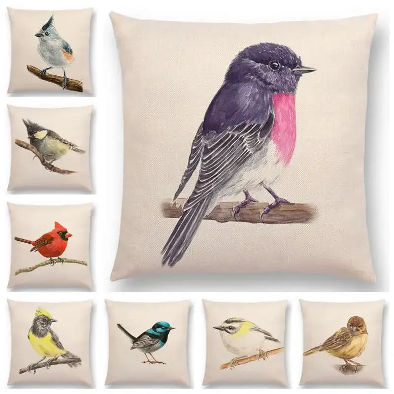 Birds Painting Cushion Cover - Axyaa Collection: Robin, Titmouse, Toucan, Sparrow, Firecrest, Cardinal, Bullfinch
