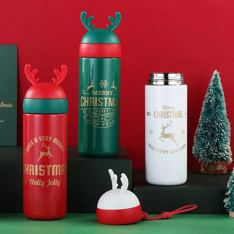 Axyaa Cartoon Antler Stainless Steel Thermos Cups: Festive Couple Cups for Christmas, New Year.