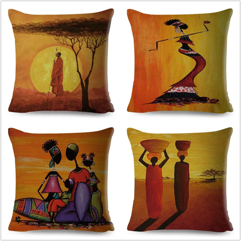 Axyaa Abstract African Woman Decorative Cotton Linen Cushion Cover