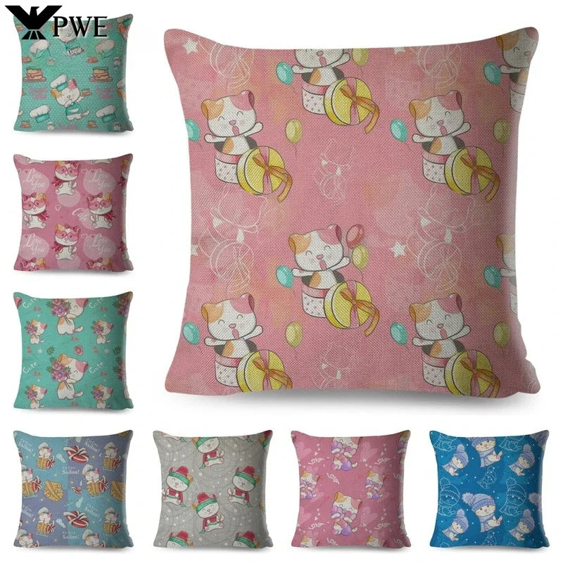 Axyaa Cat Cushion Cover: Decorative Linen Pillow for Home, Sofa, Children's Room